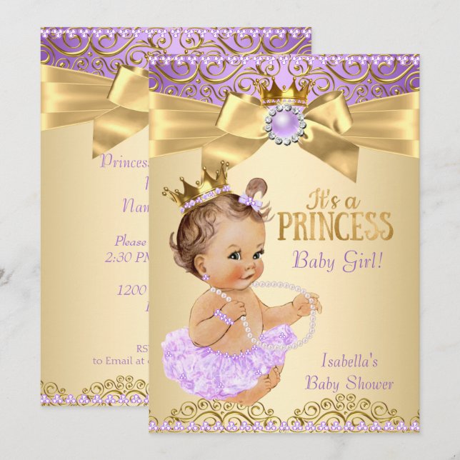 Lilac Gold Ballerina Princess Baby Shower Brunette Invitation (Front/Back)