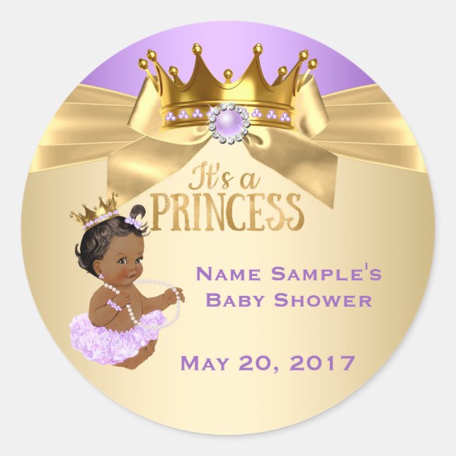 Lilac Gold Ballerina Princess Baby Shower Ethnic Classic Round Sticker (Front)