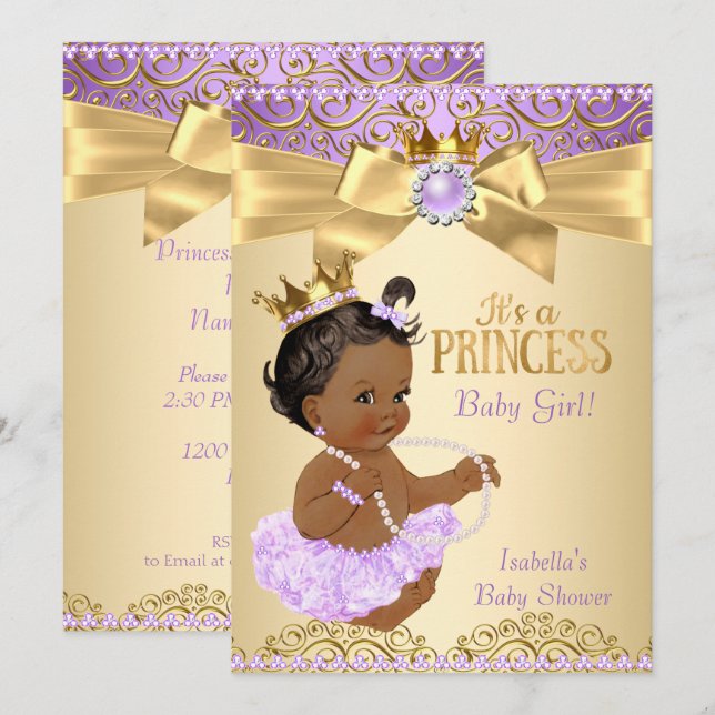 Lilac Gold Ballerina Princess Baby Shower Ethnic Invitation (Front/Back)