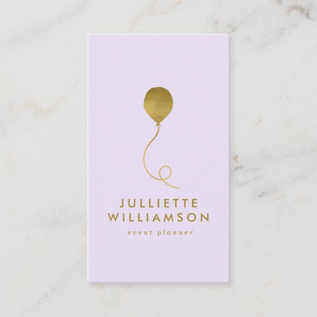 Lilac & Gold Balloon Event Planner Social Media Business Card (Front)
