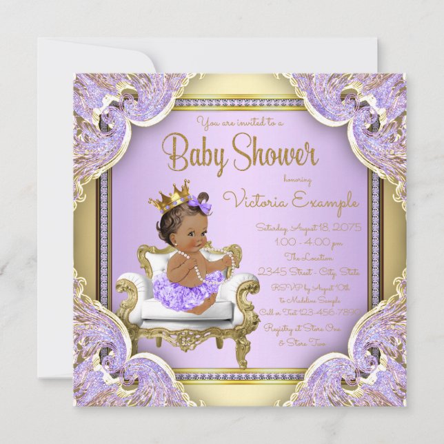 Lilac Gold Ethnic Princess Baby Shower Invitations (Front)