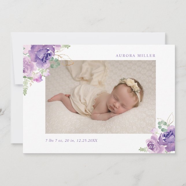 Lilac gold floral birth announcement (Front)