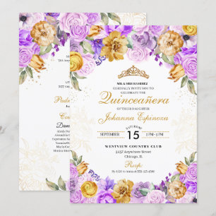 Lilac & Gold Floral Glitter Tiara Quinceanera Invitation