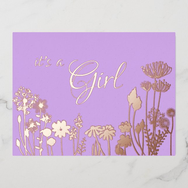Lilac | Gold Floral it's a Girl Birth Announcement (Front)