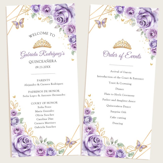 Lilac Gold Floral Quinceanera Order of Events Programme (Creator Uploaded)