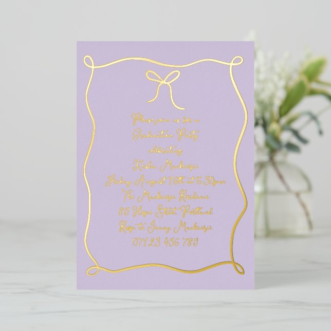 Lilac & Gold Hand Drawn Bow Photo Graduation Party (Standing Front)