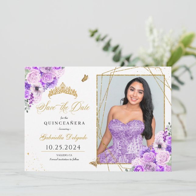 Lilac & Gold Photo Card Quinceañera Save The Date (Standing Front)