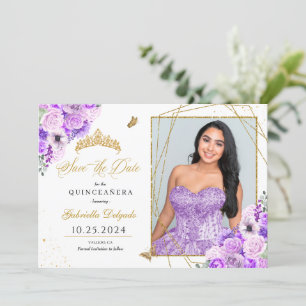 Lilac & Gold Photo Card Quinceañera Save The Date