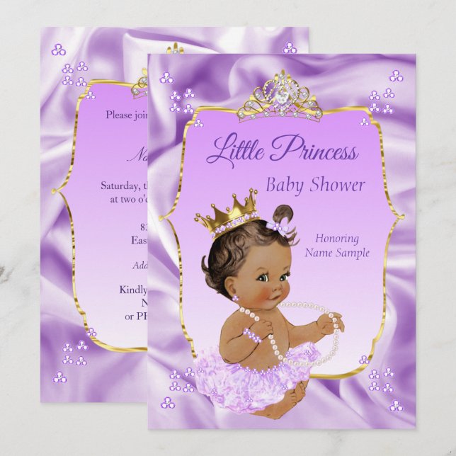 Lilac Gold Princess Baby Shower Girl dark brunette Invitation (Front/Back)