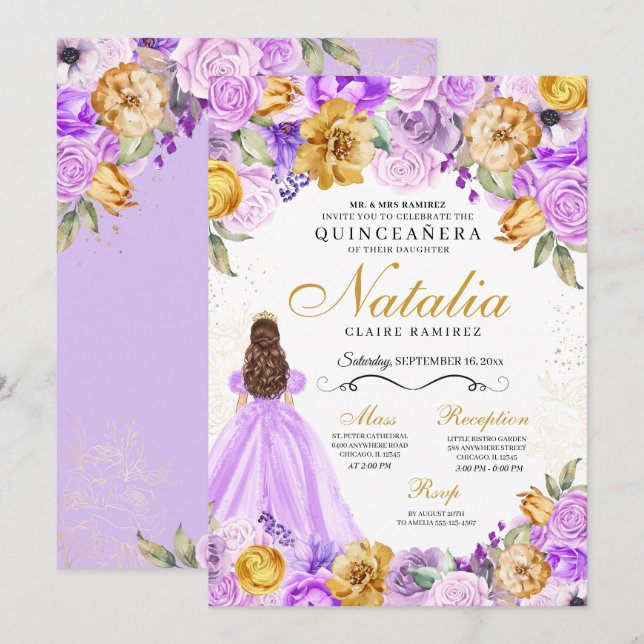 Lilac Gold Princess Glitter Tiara Quinceanera Invitation (Front/Back)