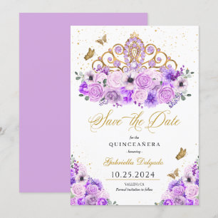 Lilac & Gold Tiara Save The Date Quinceañera Invitation