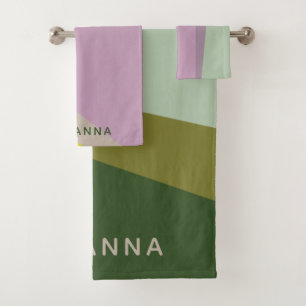 Lilac Green Geometric Colour Block Personalised Bath Towel Set