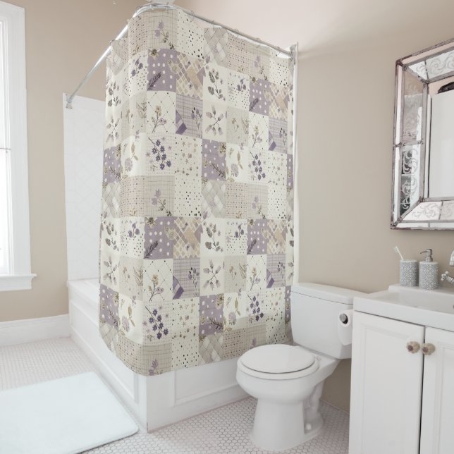  Lilac Green Patchwork Quilt Rustic Floral Retro  Shower Curtain (In Situ)