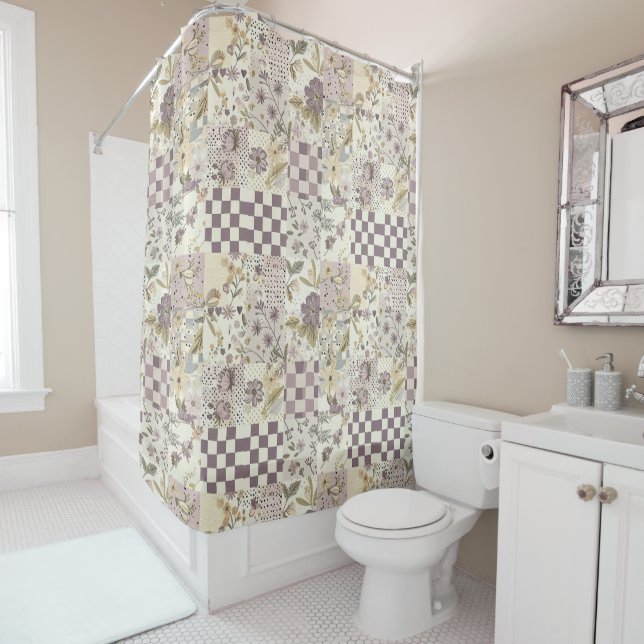  Lilac Green Patchwork Quilt Rustic Floral Retro  Shower Curtain (In Situ)