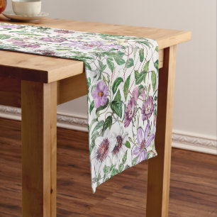 Lilac Green White Vintage Botanical Flowers Short Table Runner