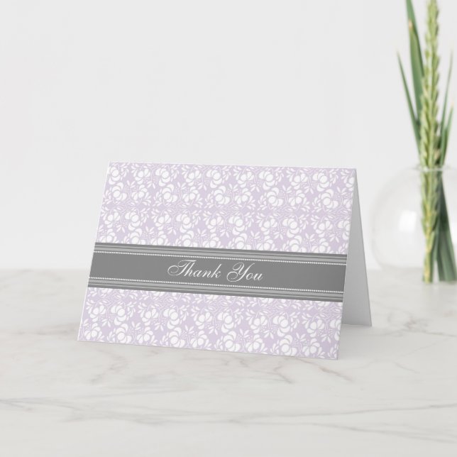 Lilac Grey Damask Baby Shower Thank You Card (Front)