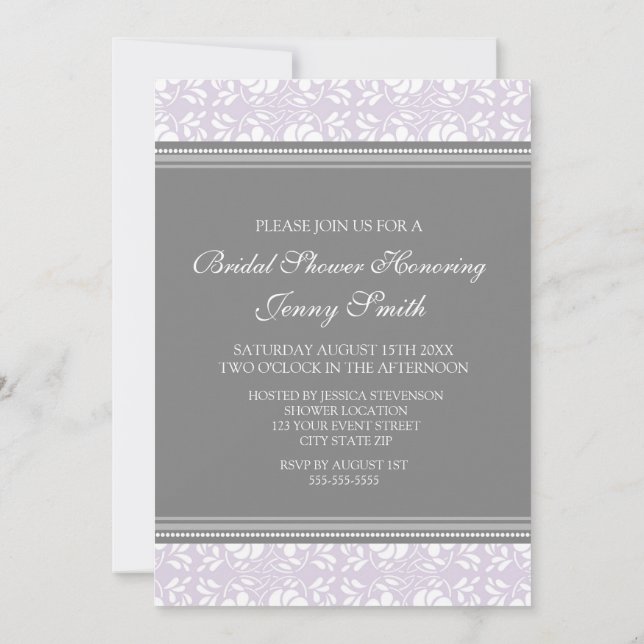 Lilac Grey Damask Bridal Shower Invitation Cards (Back)