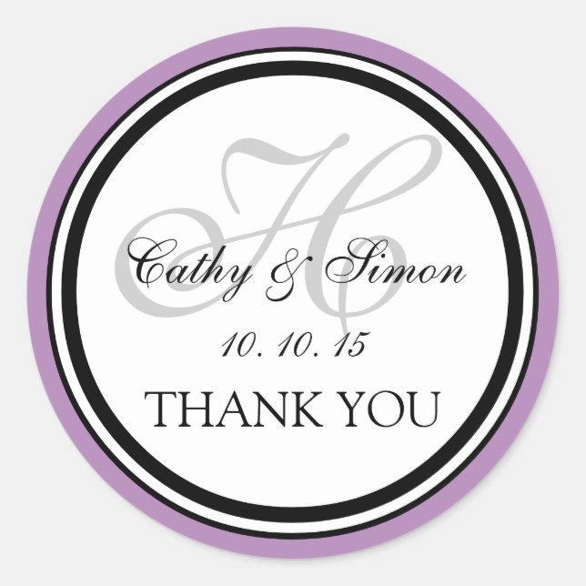 Lilac Grey Monogram H Wedding Thank You Sticker (Front)