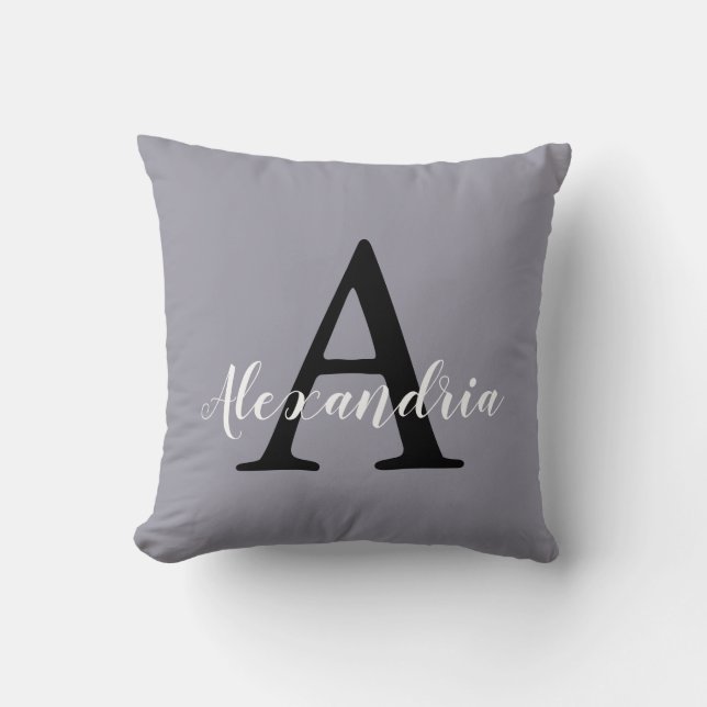 Lilac Grey Neutral Subtle Solid Colour Monogram Cushion (Front)