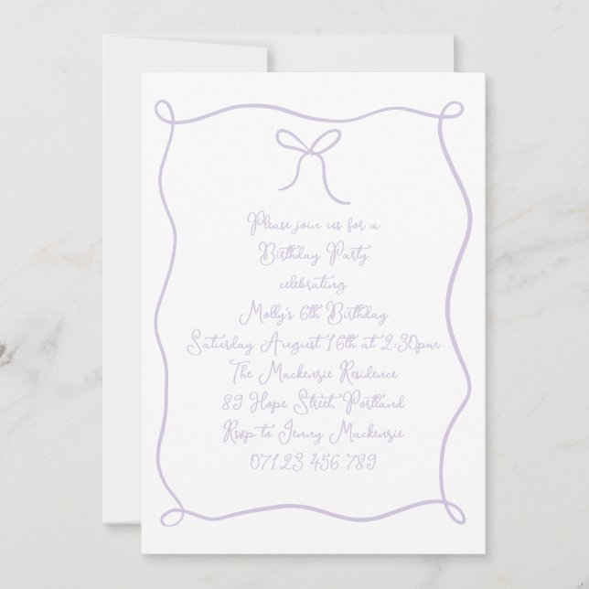 Lilac Hand Drawn Bow Girl's Birthday Party Invitation (Front)