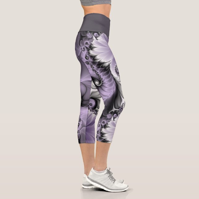 Lilac Illusion Abstract Floral Fractal Art Fantasy Capri Leggings (Right)