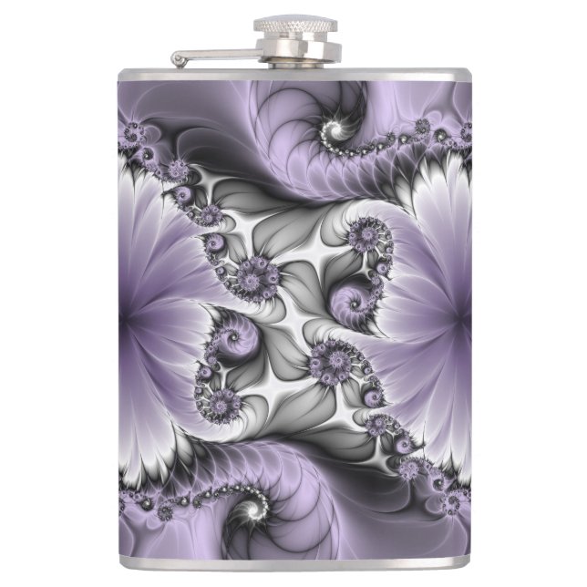 Lilac Illusion Abstract Floral Fractal Art Fantasy Hip Flask (Front)