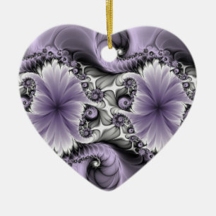 Lilac Illusion Abstract Floral Fractal Art Heart Ceramic Tree Decoration