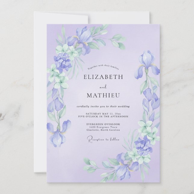 Lilac Iris Eucalyptus Wedding Invitation (Front)