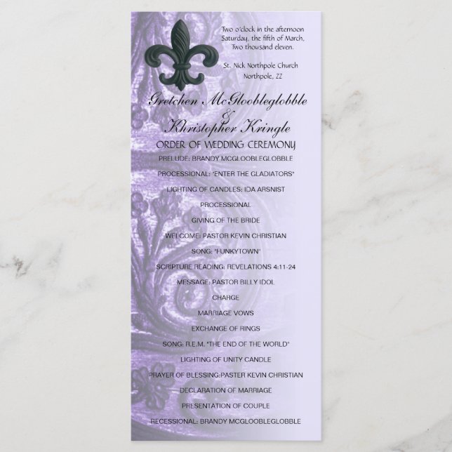 lilac "iron fleur de lis" WEDDING PROGRAM Programme (Front)