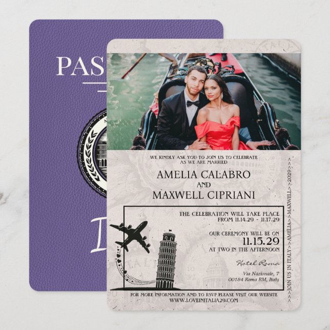 Lilac Italy Passport Wedding Invitation (Front/Back)
