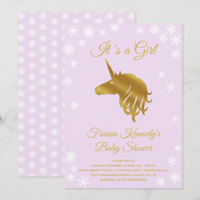 Lilac It's a Girl Unicorn Winter Baby Shower Invitation (Front/Back)