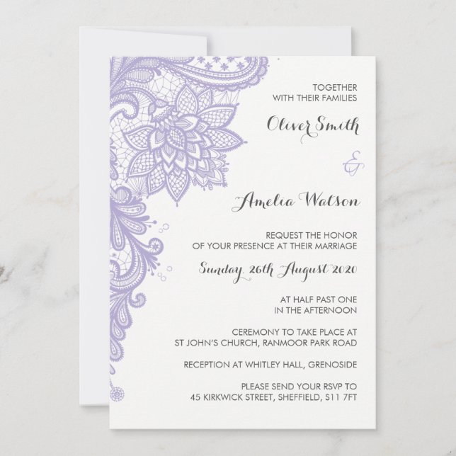 Lilac Lace Wedding Invitation (Front)