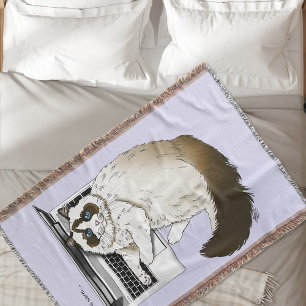 Lilac Laptop Cat Funny Cute Throw Blanket