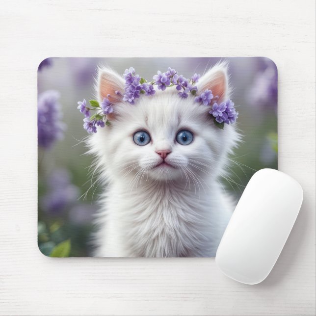 Lilac Laurel On White Kitten Mouse Mat (With Mouse)