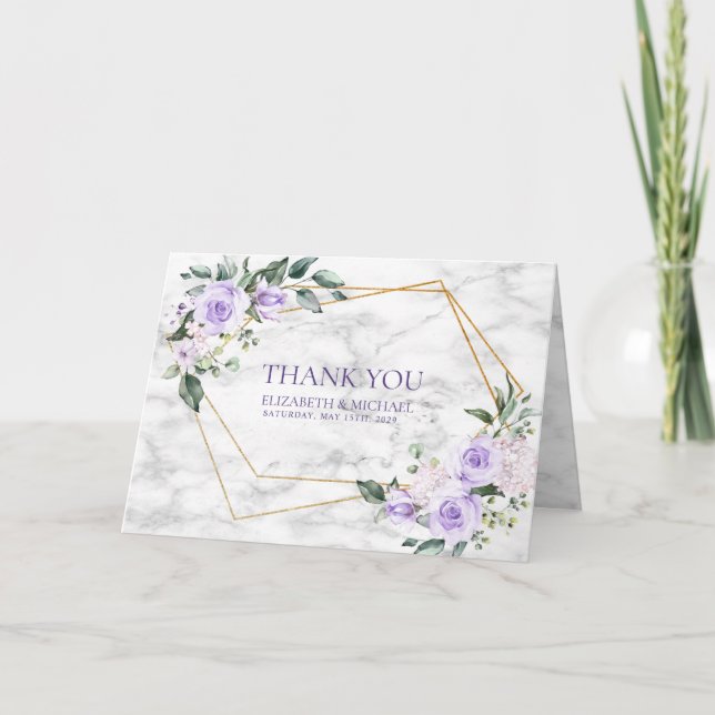 Lilac Lavend Gold Geometric Floral Photo Thank You Card (Front)