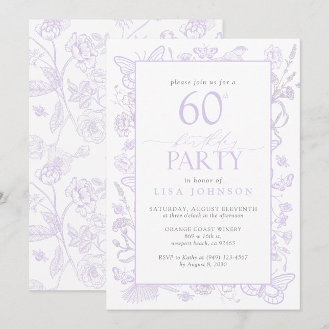 Lilac Lavender 60th Birthday Party Elegant Flowers Invitation (Front/Back)