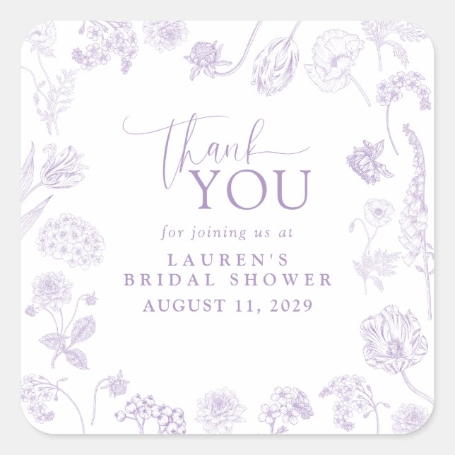 Lilac Lavender Floral Bridal Shower Thank You Square Sticker (Front)