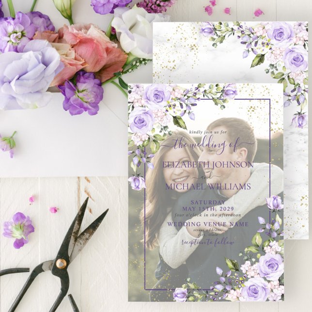 Lilac Lavender Floral Vellum Overlay Photo Wedding Invitation (Creator Uploaded)