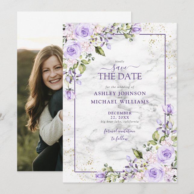 Lilac Lavender Gold Geometric Photo Save the Date (Front/Back)