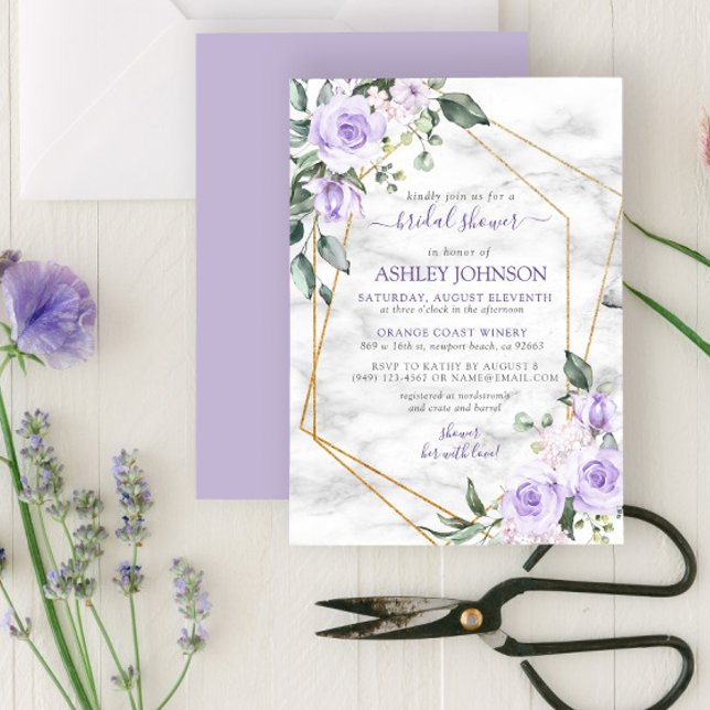Lilac Lavender Gold Marble Floral Bridal Shower Invitation (Creator Uploaded)