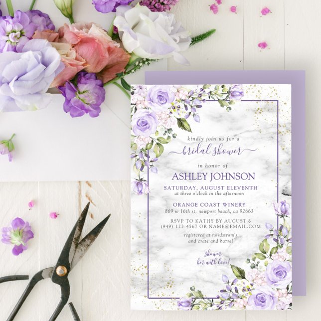 Lilac Lavender Gold Marble Floral Bridal Shower Invitation (Creator Uploaded)