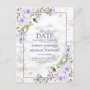 Lilac Lavender Gold Marble Floral Delay The Date Announcement Postcard