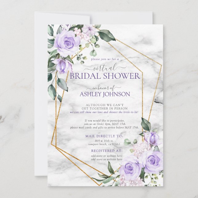 Lilac Lavender Gold Marble Floral Virtual Shower Invitation (Front)