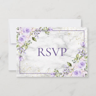 Lilac Lavender Gold Marble Floral Wedding RSVP Card