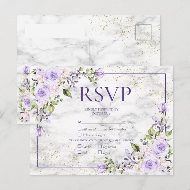 Lilac Lavender Gold Marble Floral Wedding RSVP Invitation Postcard (Front/Back)