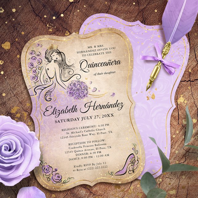 Lilac Lavender Gold Princess Quinceanera Birthday Invitation (A unique, elegant princess themed lilac lavender and gold invitation template editable by you.)