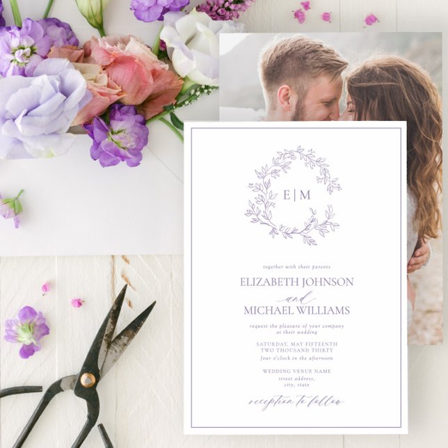 Lilac Lavender Leafy Crest Monogram Photo Wedding Invitation (Creator Uploaded)