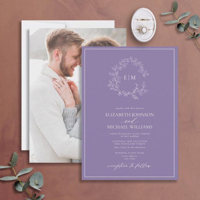 Lilac Lavender Leafy Crest Monogram Photo Wedding Invitation (Creator Uploaded)