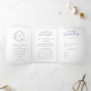 Lilac Lavender Leafy Crest Monogram Wedding Tri-Fold Invitation