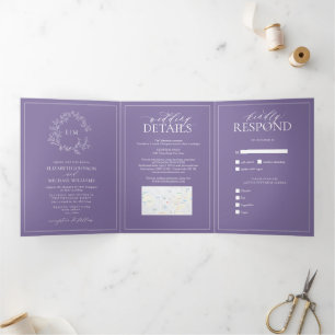 Lilac Lavender Leafy Crest Monogram Wedding Tri-Fold Invitation